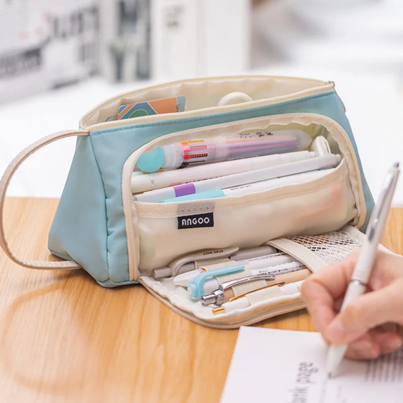 

Twill Opening Window Pencil Case Simple Solid Color Student Pen Bag Junior Students Stationery Prize Large Capacity Pencil Bag
