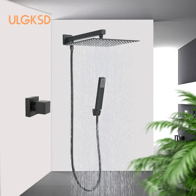 ห้องน้ําเรียบง่ายชุดฝักบัว Rainforest 12 นิ้วสเปรย์ด้านบนปกปิดติดผนังเดี่ยวก๊อกน้ําผสมเย็นสีดําแตะพร้อมสลับ 1