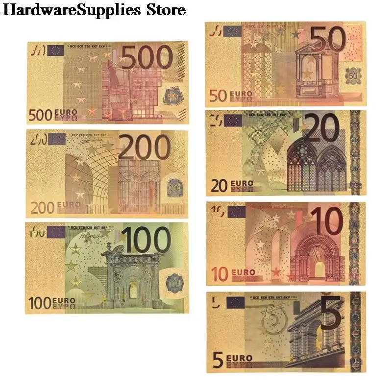 7PCS 5 10 20 50 100 200 500 EUR Gold Banknotes in 24K Fake Paper Money for Collection Euro Banknote Sets | Дом и сад