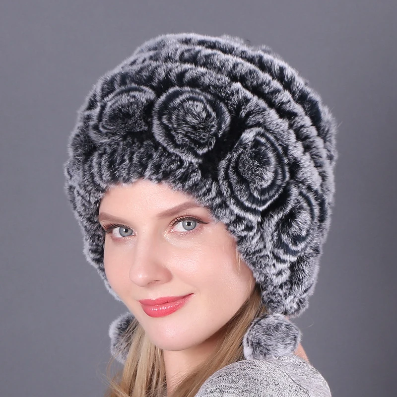 Women Winter Warm Real Rex Rabbit Fur Hat Snow Cap Winter Hats For Women Girls Real Fur Knit Skullies Beanies Natural Fluffy Hat 3