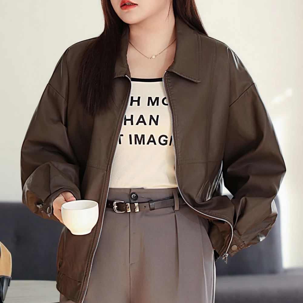 Retro Cocoa Brown Motorcycle Jacket For Women Casual Loose Premium PU Leather Coat Plus Size Autumn N8805