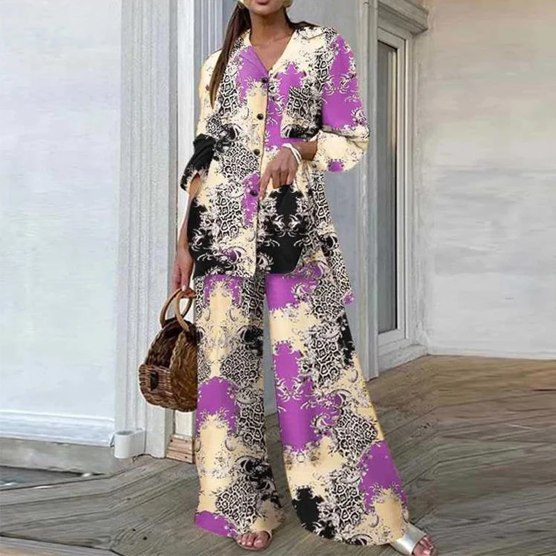 

Women Casual Loose Shirt Suit Elegant Lapel Collar Button Shirt & Wide Leg Pant Outfits Retro Pattern Print Long Sleeve 2Pc Sets