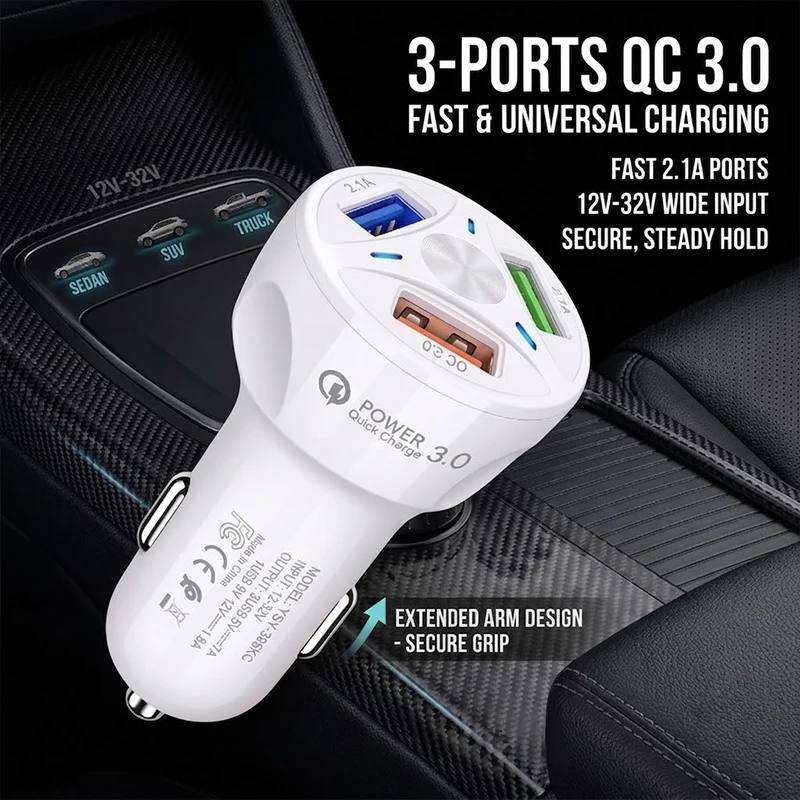 3개 USB 포트 차량용 충전기 7A 총 출력 QC 3.0 고속 충전 어댑터 12V..