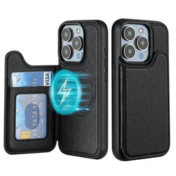 Premium Magnetic Leather Wallet Phone Case with Card Holder Cover - iPhone 15 Plus (Black)