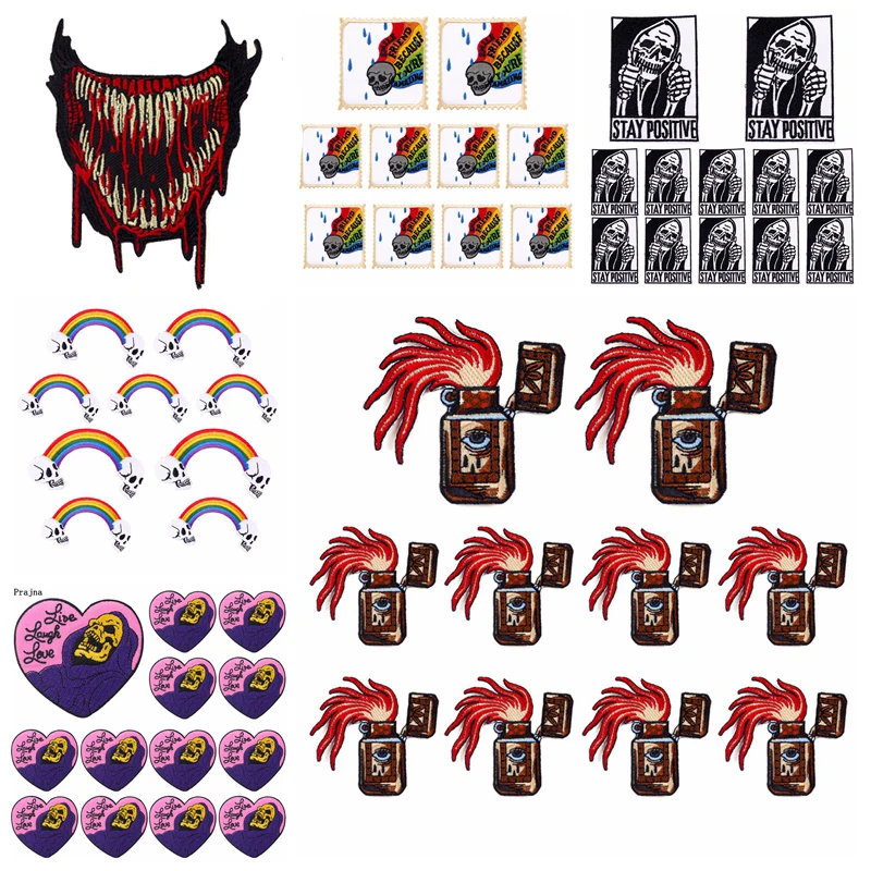 

10 шт./лот нашивка в стиле Панк Зажигалка вышитые нашивки на одежду Радужный череп патчи с утюгом вышитые нашивки для одежды DIY