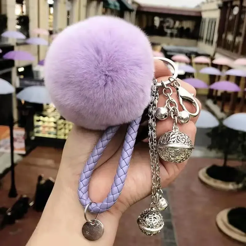 

NEW Fluffy Real Rabbit Fur Keychain Pompom Ball Leather Key Ring Holders Charm Women Bag Car Pendant Jewelry Trinket Accessories
