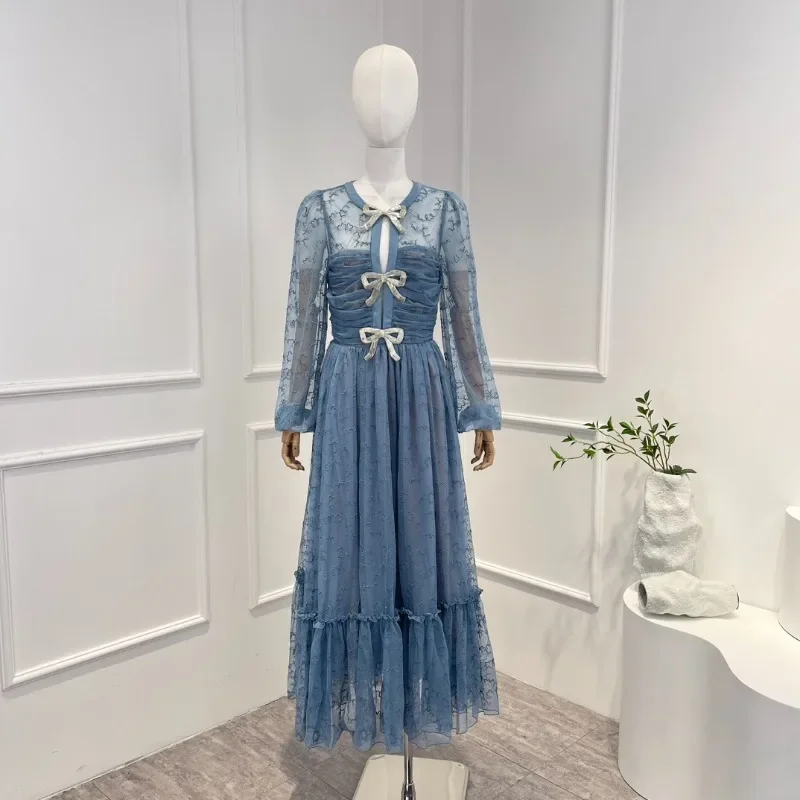 

2024 Spring Fairycore Blue Top Quality Women Fashion Clothes Bow Hollow Lace Long Sleeve Midi Dress