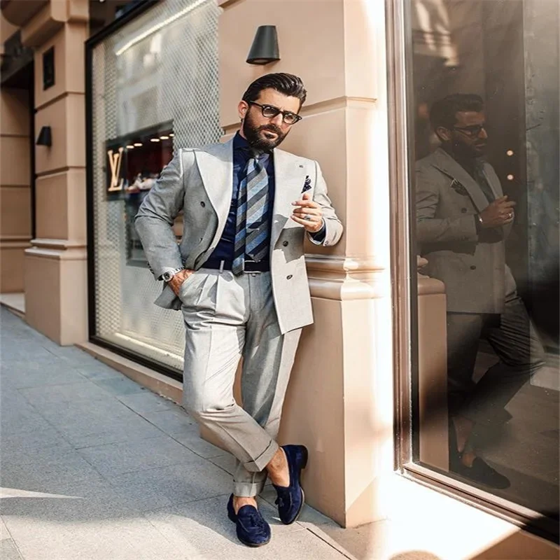 Fashion Gray Business Men Suit Smart Casual Slim Fit Blazer Hombre Groom  Tuxedos High Quality Custom 2 Piece Set Costume Homme
