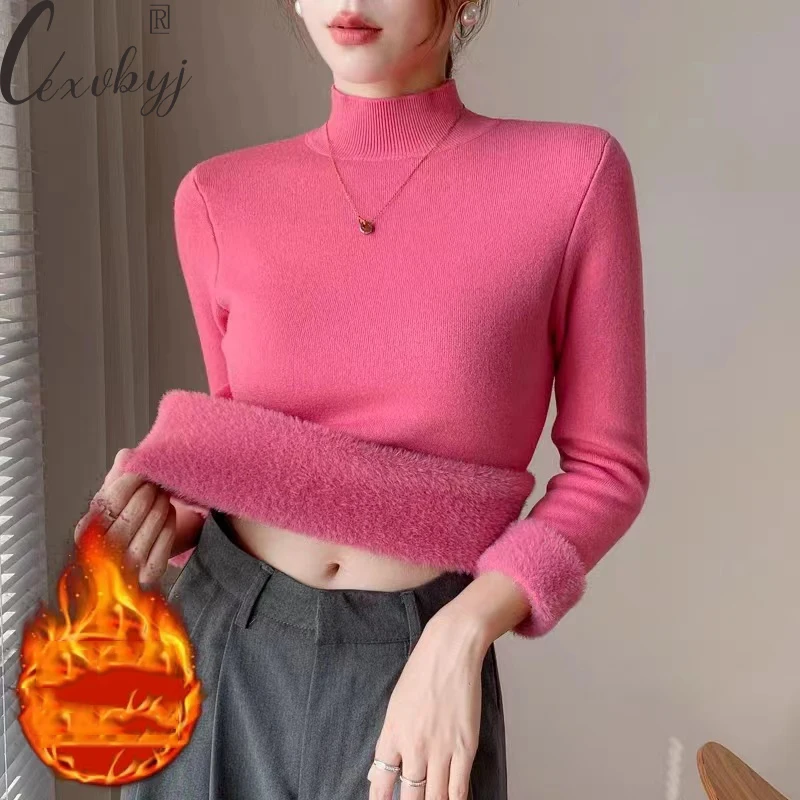 

Winter Warm Sweater Women Thick Plush Velvet Half High Collar Knit Pullover Solid Colors Fleece Lined Long Sleeev Knitwear Top