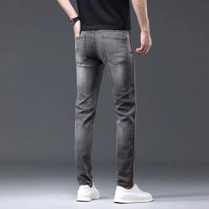 Sports Line Design Gray Jeans Men's Stylish Simple and Versatile Street Straight Slim Fit Stretch Feet Pants