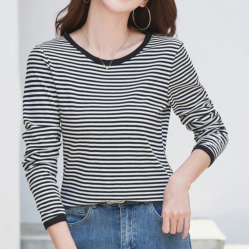 

Camisetas Mujer Autumn New Striped T Shirt For Women Long Sleeve Loose O Neck Tops Female T-Shirts Korean Style Tee Shirt Femme