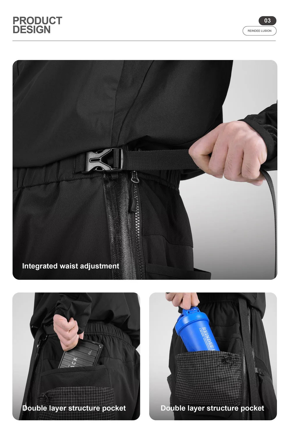 Reindee lusion 23aw quick release zipper waterproof pants integrated waist adjustment multiple pockets techwear gorpcore