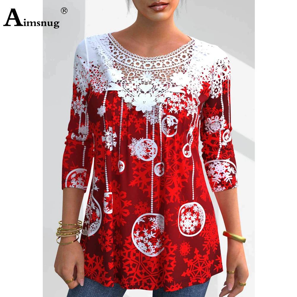 

Ladies Elegant Snowflake Print Shirt Long-Sleeved Women Patchwork Lace Top Pullover 2022 Winter Holiday Tees Clothing Size S-5XL