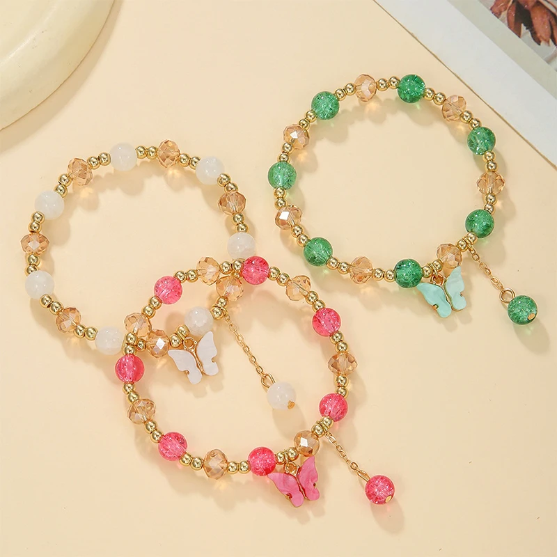 3Pcs/Set Purple Butterfly Charm Bead Stretch Bracelet For Women Multi Color Crack Faceted Beads Round Charm Girls Jewelry Gift