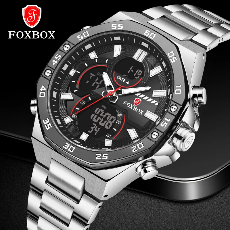 FOXBOX 2024 New Luxury Brand Watch Men Fashion Sport Quartz Watches Men Stainless Steel Waterproof Luminous Wrist Watches Clock