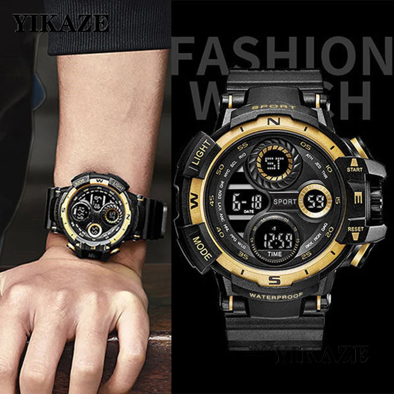 

YIKAZE Men Electronic Watch Outdoor Men's Sports Watches Big Dial Alarm Chronograph Army Military Digital Watch for man Student