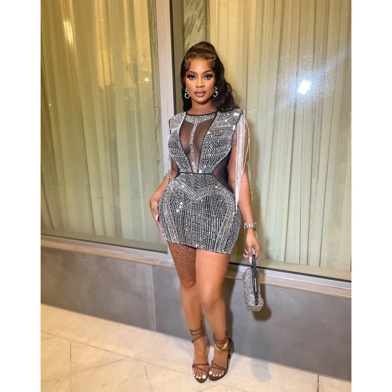 

Mesh Hot Diamond Tassel Body Shape Mini Dress Women Solid O Neck Sleeveless High Waist Hip Wrapped Zipper Y2k Dresses Streetwear