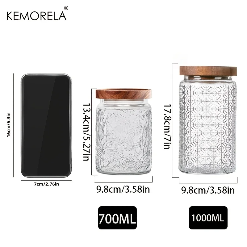 700ml/1000ml Vintage Glass Storage Jar Airtight Wooden Lid KEMORELA 1PC Tea Coffee Sugar Candy Cookies Spices