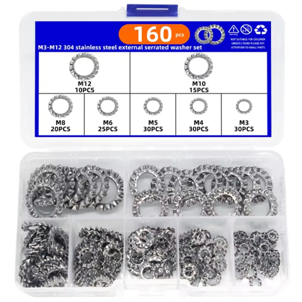 thumbnail image 2 of 304 Stainless Steel External Serrated Lock Washers - M4 M5 M6 M8 M10 M12 Assortment Kit (270 Pieces) 2 of 11