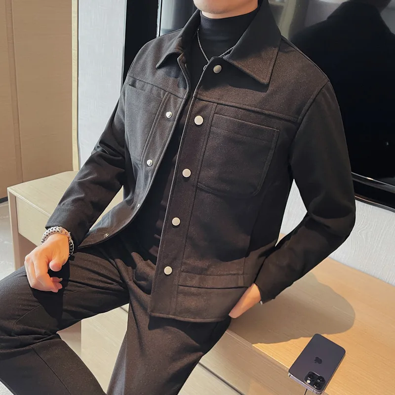 Brand Clothing Autumn Winter Woolen Jackets for Men Clothing Turn Down Collar Single Breasted Slim Fit Casual Thick Coats 4XL-M