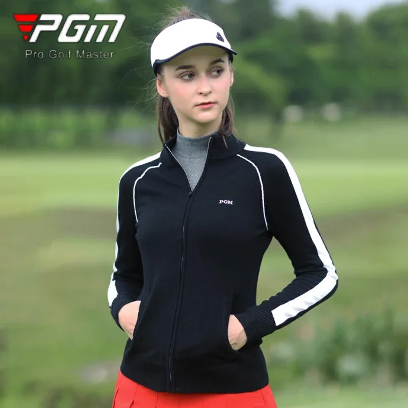 PGM Women Keep Warm Golf Jacket Winter Ladies Knitted Stand Collar Sweater Women Slim Long Sleeve Cardigan Full Zipper Golf Coat