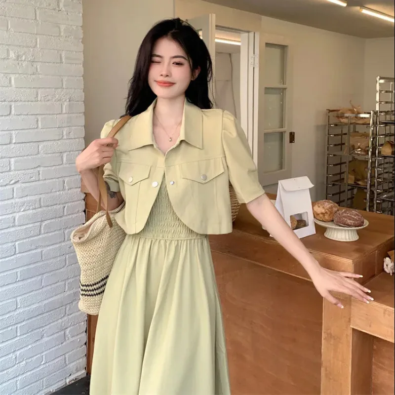 여성 반팔 정장 스커트 투피스 코트, 슬림 슬링 원피스, 스몰 수트 가디건 재킷, 서스펜더 원피스 세트