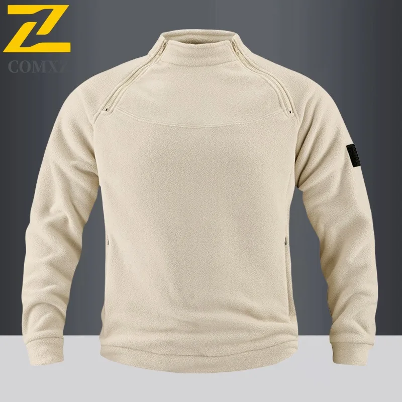 Men Outdoor Fleece Jacket Winter Warm Hidden Zipper Pocket Hiking Workwear Pullover Thermal Trekking Breathable Training Top