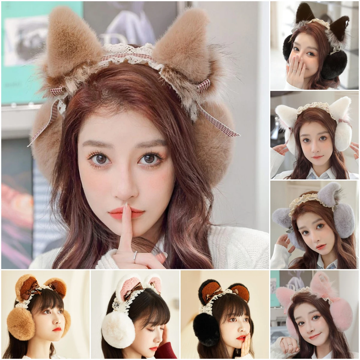 접이식 플러시 고양이 귀 모양 귀마개, 단색 로리타 스타일, 보온 유지, 미끄럼 방지 인조 모피, 겨울 귀 커버, 겨울 물건