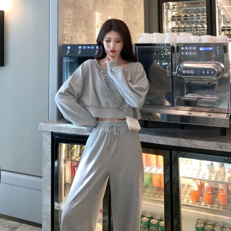 

Women's Trouser Sets Grey Fashion Korean Long Sleeve Pullovers Two Piece Set 2023 Autumn Sweatshirts Vintage Wide Leg Pants Sets