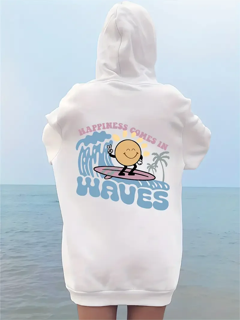 Surfing Graphic Letter Print Hoodie Casual Pocket Long Sleeve Drawstring Hoodies Sweatshirt Women's Clothing