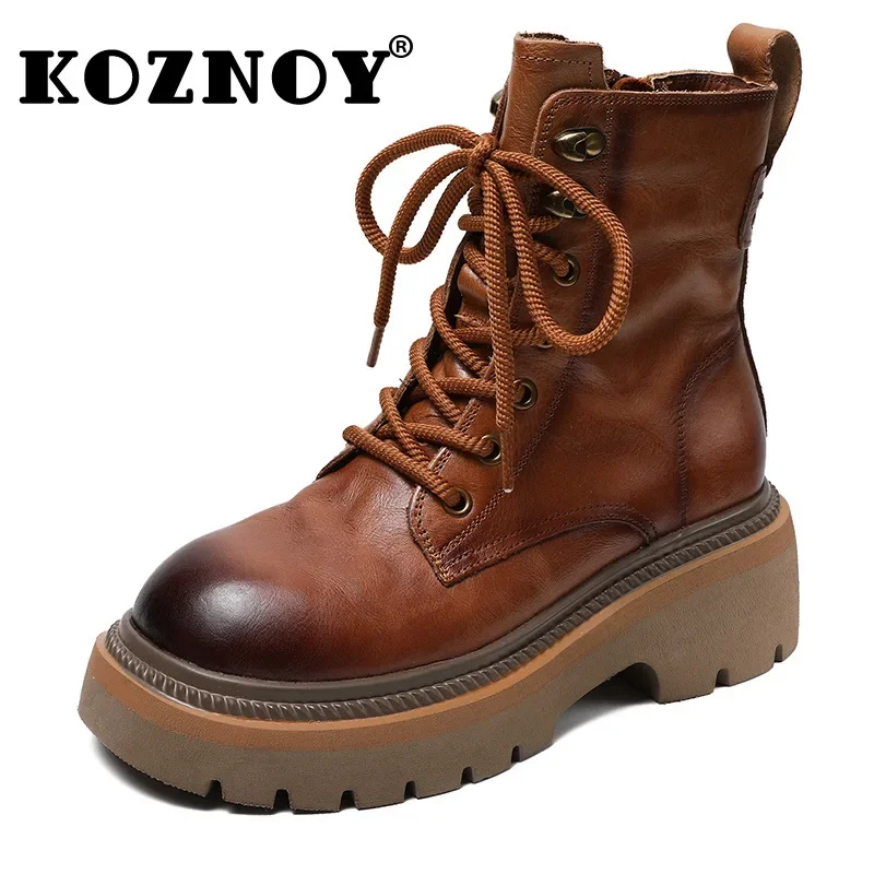 

Koznoy 5.5cm British Genuine Leather Platform Wedge ZIP Spring High Boots Moccasins Motrocycle Autumn Women Winter Plush Shoes