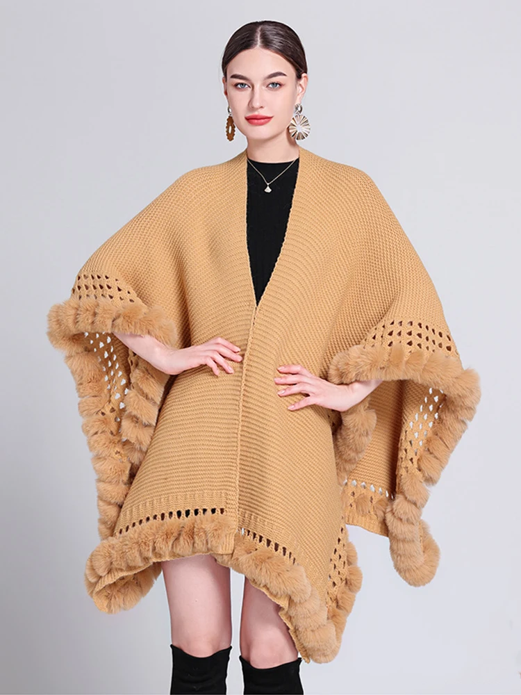 

Fashion Winter Knitted Layers And Ponchos Women Ladies Elegant Luxury Solid Capa Para Mujer Pashmina Cloak Warm Thick Wrap Shawl