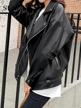 Sungtin Faux Leather Jacket Women Casual PU Loose Motorcycle Jackets Female Streetwear Oversized Coat Korean Chic New Spring 1