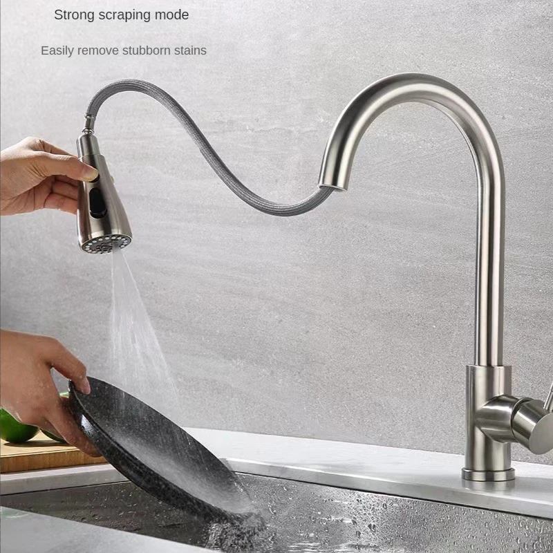 

Stainless Steel Faucet Kitchen Pull-out Hot and Cold Household Vegetable Basin Sink Faucet Rotatable with 60cm Water Inlet Pipe