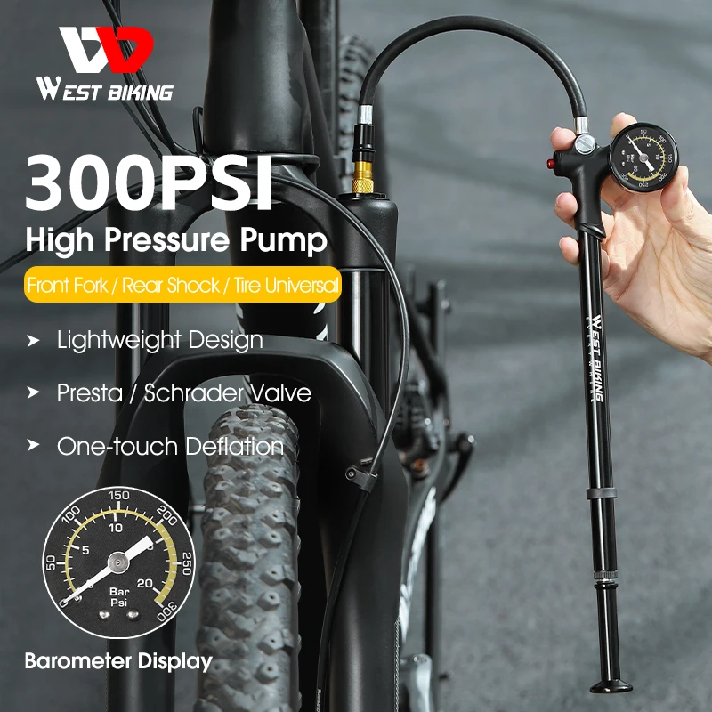 

WEST BIKING Portable Bike Pump 300PSI MTB Road Bike Air Pump With Gauge High Pressure One-touch Deflation Bicycle Tire Inflator