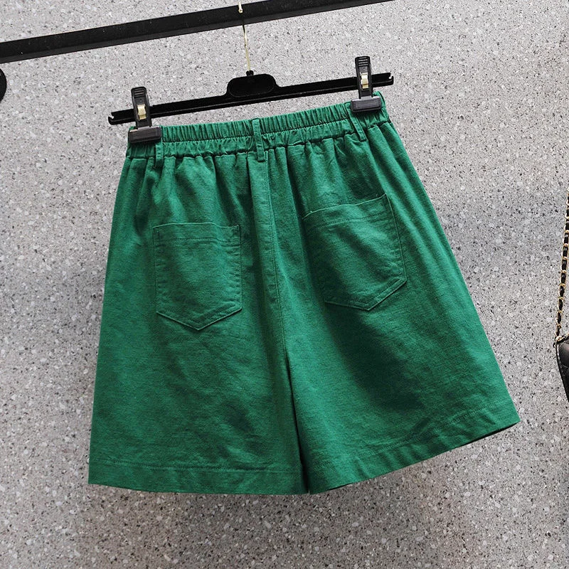 XL-5XL Oversize Elastic High Waist Female Summer Cotton Linen Straight Loose Short Pants Casual Thin Wide Leg Shorts Large Size