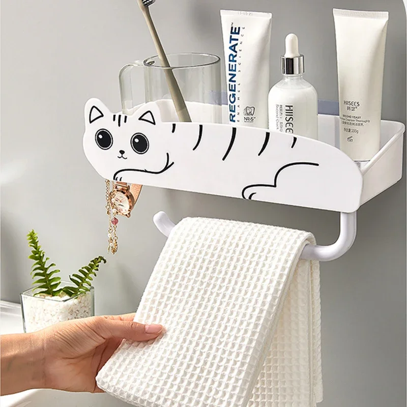 Kawaii Cat Bathroom Shelf Organizer, Punch-Free Storage Rack with Hooks, Shampoo Shower Storage Rack, Bathroom Storage Accessory 2