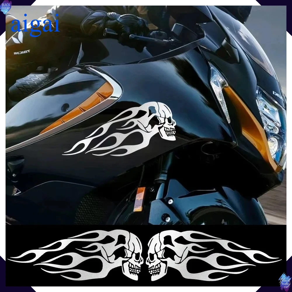 Flame Skull Reflective Motorcycle Tank Decal Stickers - Waterproof Decorative Accessories (Set of 2)