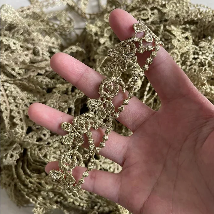 Gold lace trim braid lace fabric DIY garment accessories skirt cutout embroidery trim 2 Yards