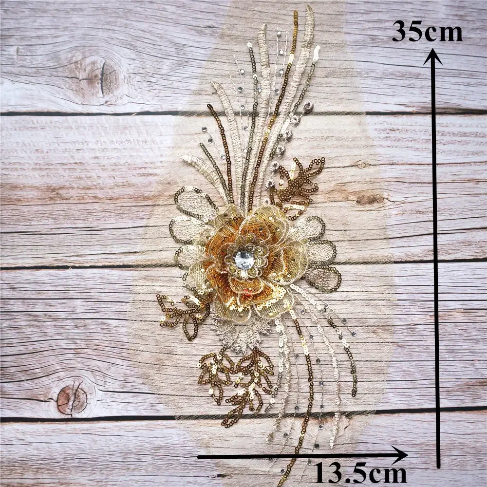 Description Picture 2 of itemGold Silver Sequined 3D Flower Tassel Appliques Embroidered Lace Mesh Rhinestone Sew On Patches For Wedding Dress DIY Decoration