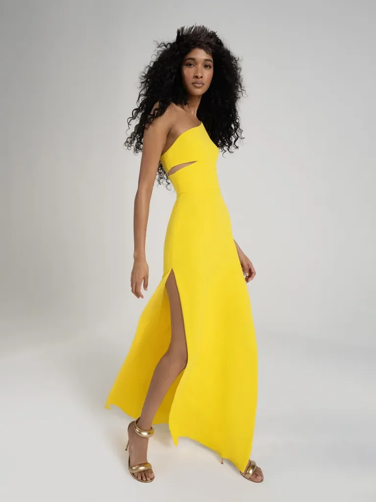 

One Shoulder lovely yellow Evening Party Club Split Dress Outfits Women Sleeveless Backless Waistband skirt Summer Clothes Vesti