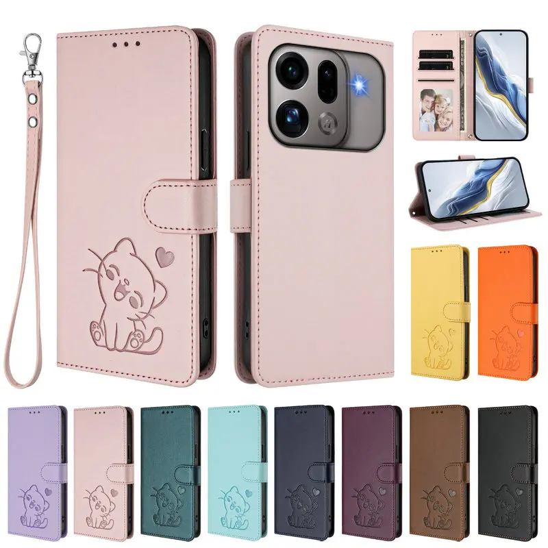 3D Embossed Cat Leather Wallet Flip Case - Elegant Card Holder Cover