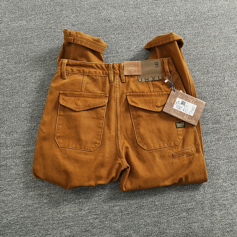 Retro Heavyweight Simple Work Pants Men Loose Straight Casual Long Trousers Pure Cotton Twill Weave 3D Tailored Cone Pants