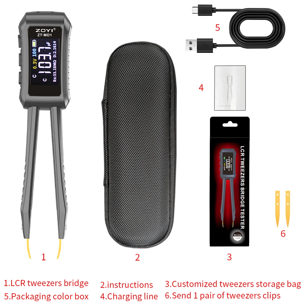 ZOYI Portable Digital Smart Tweezer-style ZT-MD1 LCR SMD Tester for Resistors, Capacitors, and Inductors 6