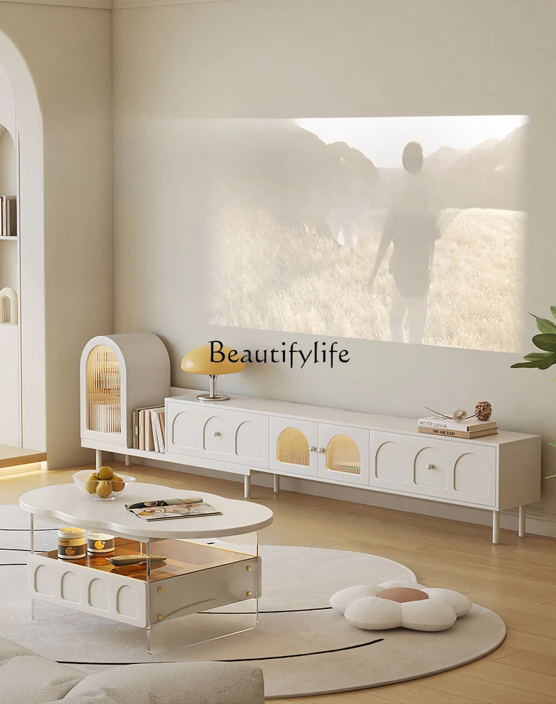 

French Cream Style Small Apartment Retractable TV Cabinet Home Locker