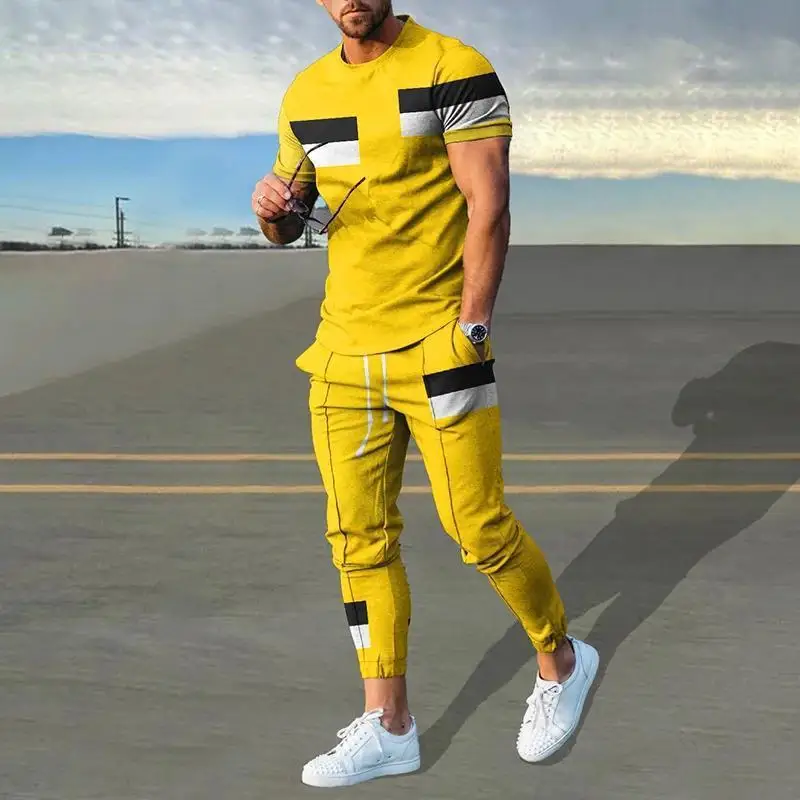 Summer New O Neck Harajuku Y2K Printing Tee Casual Fashion Pants Set Hombre Perspective Patchwork T-shirt Top Sporty Trousers 2