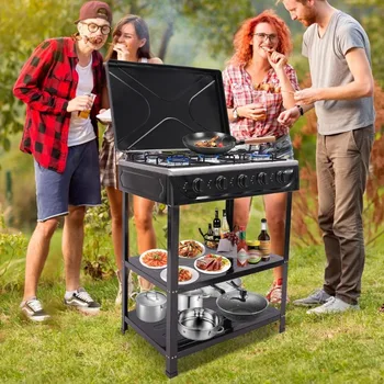 Natural Gas Stove Outdoor 5-Burner Stove Portable Gas Stove with 2 Placement Boards and Windshield for Outdoor Camping RV Travel 1