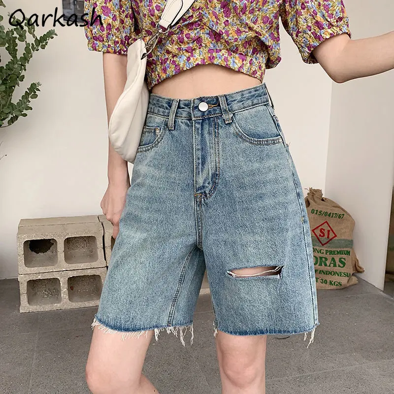 

Denim Shorts Women Hole Vintage Loose Summer Streetwear Casual Daily Korean Style Aesthetic Fashion Students Cool All-match New