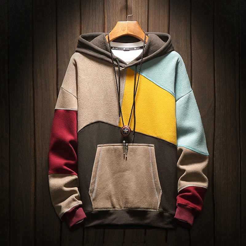 

2023 Men's Hoodie With Fur Plus Size Patchwork Contrasted Color Casual Hooded Shirt Men Pullover Hip Hop Hoody