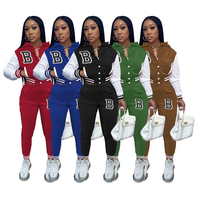 FOCUSNORM Womens 2Pcs Crop Baseball Jacket Tracksuit Varsity Jacket  Patchwork Outfit Letter Bomber Coat Bodycon Sweatpants Set 